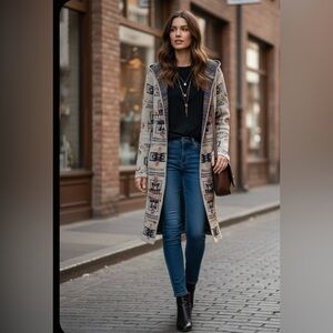 Elegant Hooded Cardigan with Geometric Patterns